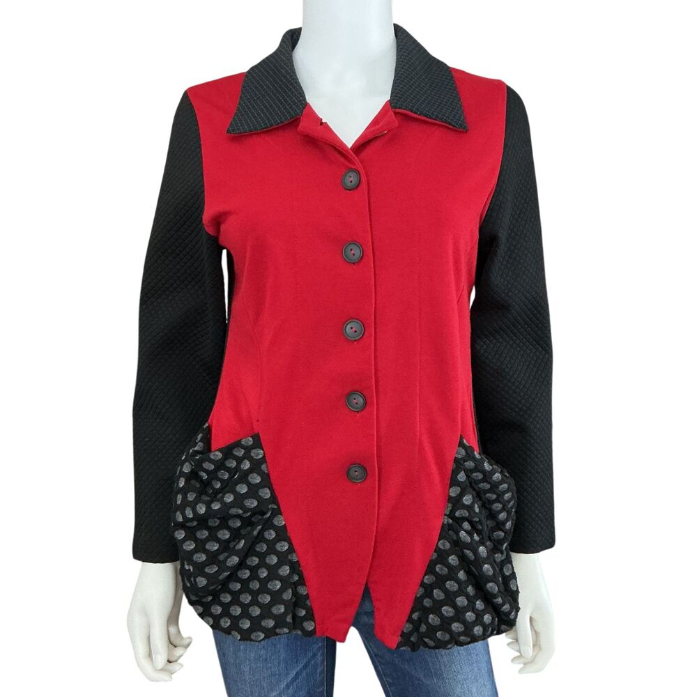 Alembika Colorblock Jacket Size 1 US6-8 Red Black Polka Dot 3D Pockets Lagenlook